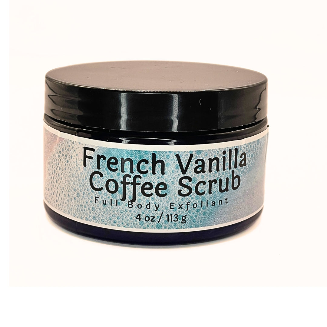 Container of French Vanilla Coffee Scrub showcasing its rich texture and luxurious ingredients.