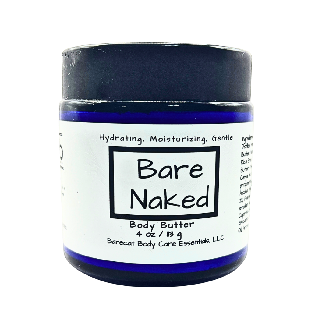 Jar of Bare Naked body butter with a white label on a white background