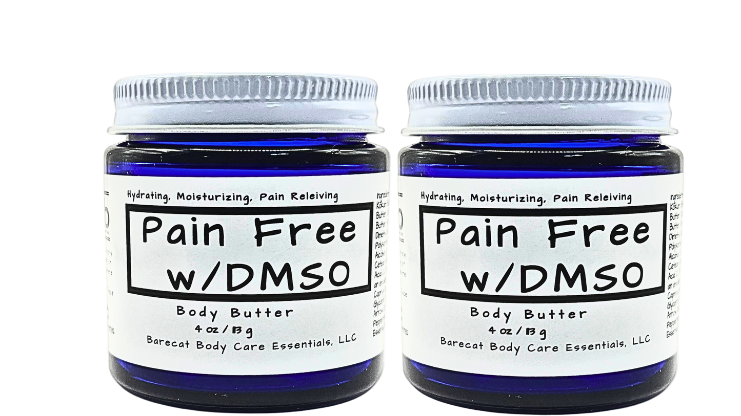 Two jars of 'Pain Free w/DMSO' body butter on a white background
