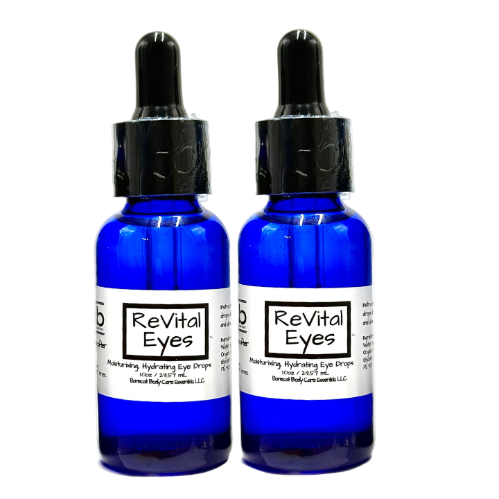 Two blue bottles of 'Revital Eyes' on a white background