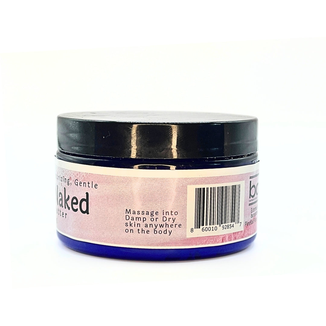Jar of Bare Naked Unscented Body Butter showing its smooth, rich texture.