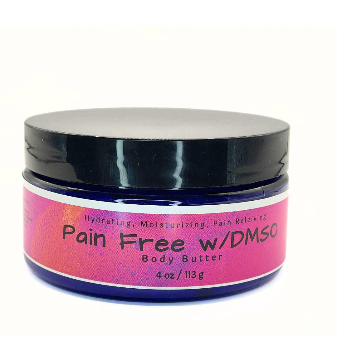 Jar of Pain Relieving Body Butter with DMSO, highlighting its rich and creamy texture.