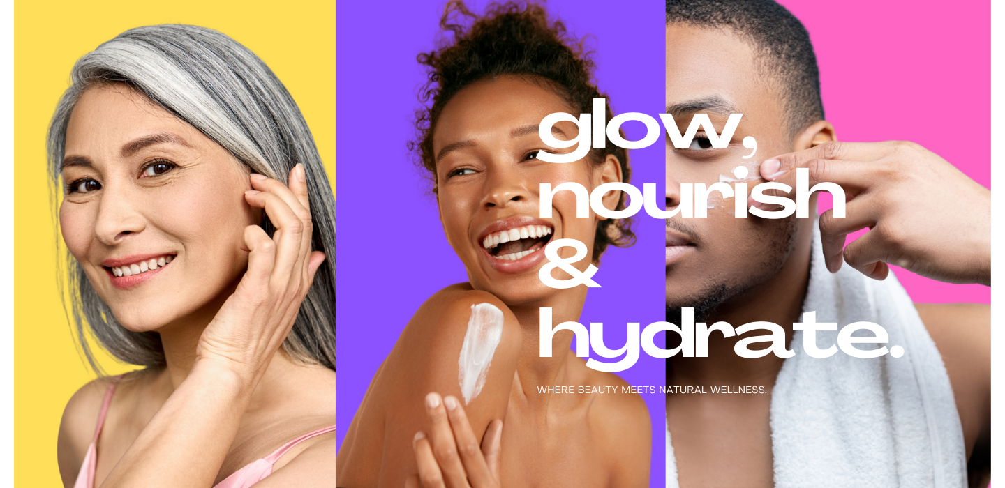 Barecat Body promotional banner featuring three diverse individuals with radiant skin, each set against bold yellow, purple, and pink backgrounds. The text reads 'Glow, Nourish & Hydrate,' emphasizing the brand’s focus on natural skincare and wellness. The tagline 'Where Beauty Meets Natural Wellness' is subtly displayed below.