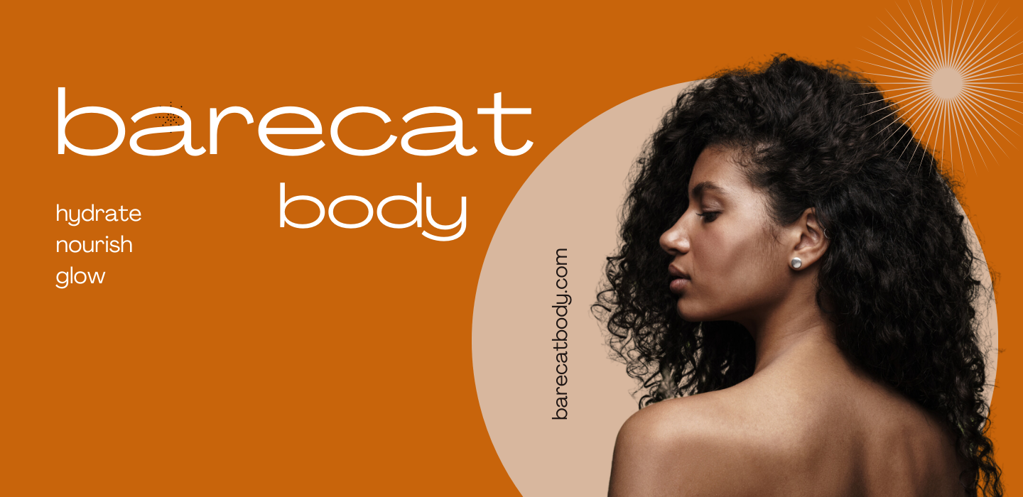 Barecat Body promotional banner featuring a woman with voluminous curly hair and glowing skin, set against a warm, earthy orange background. The text highlights the brand's focus on hydration, nourishment, and glow. The website URL, barecatbody.com, is displayed within a circular design element, complemented by a subtle sunburst graphic.