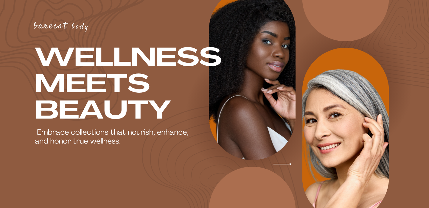 Barecat Body promotional banner with the slogan 'Wellness Meets Beauty.' The design features a rich brown background with abstract patterns, bold white typography, and a tagline that reads, 'Embrace collections that nourish, enhance, and honor true wellness.' The image includes two diverse women, one with radiant dark skin and curly hair, and another with silver hair and a glowing complexion, representing beauty and wellness.