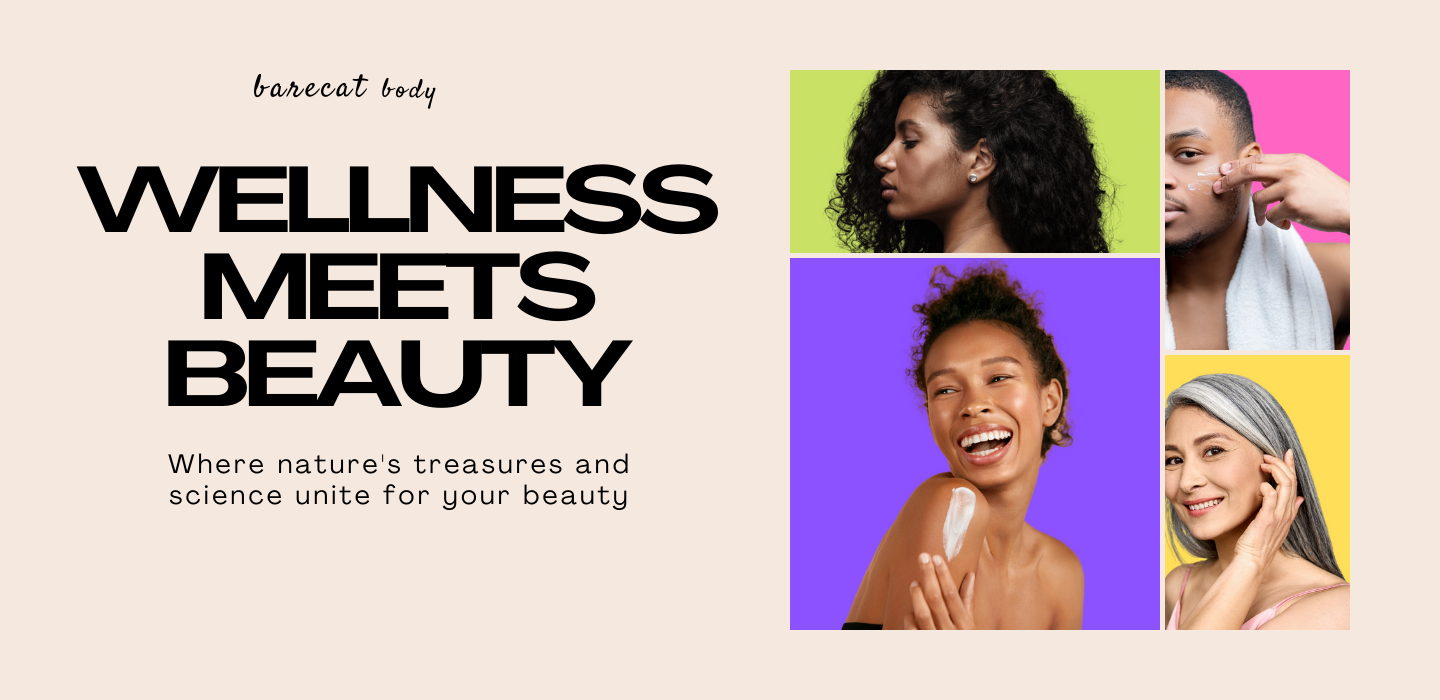 Barecat Body promotional graphic with the slogan 'Wellness Meets Beauty.' The design features a beige background, bold black typography, and a tagline that reads, 'Where nature's treasures and science unite for your beauty.' On the right, there are four images of diverse individuals with radiant skin, each set against vibrant color backgrounds, showcasing skincare and wellness.