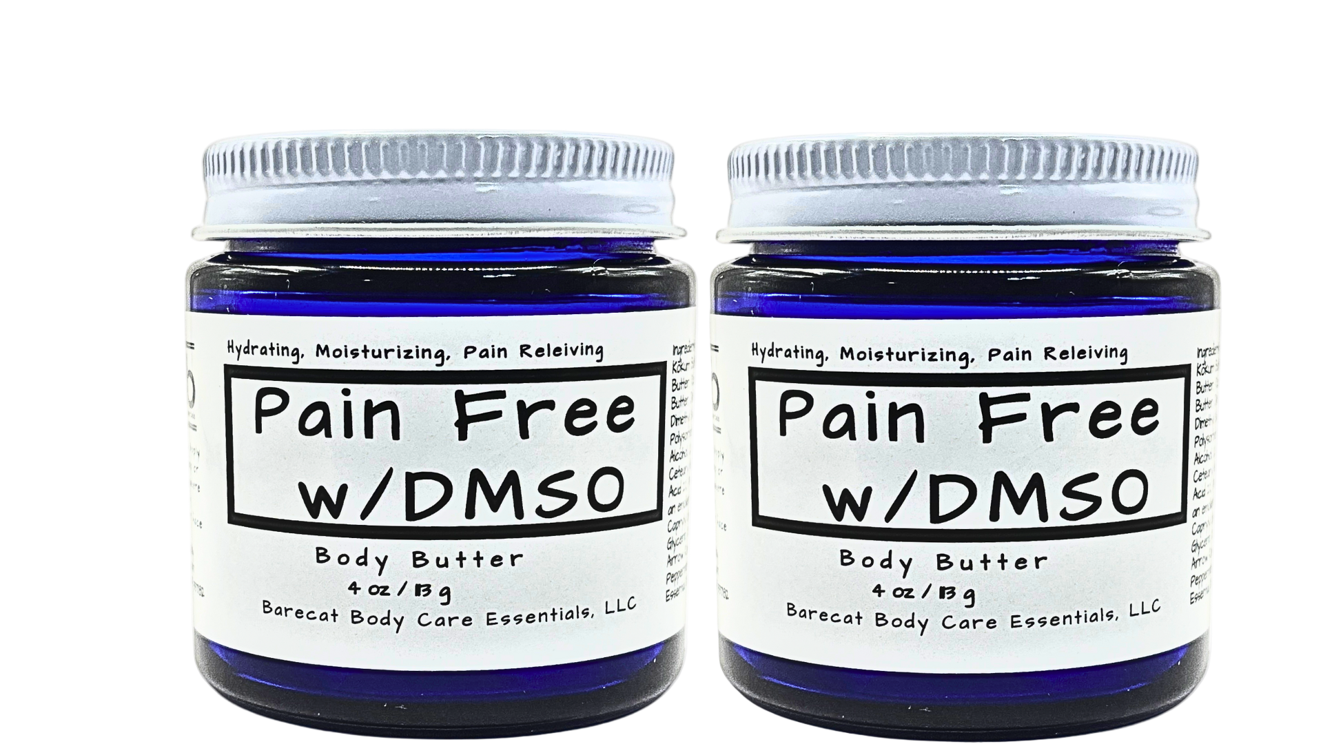 Two jars of 'Pain Free w/DMSO' body butter on a white background
