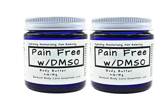 Two jars of 'Pain Free w/DMSO' body butter on a white background