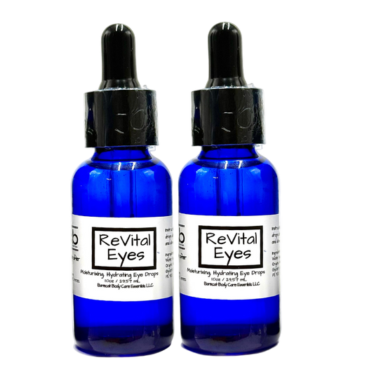 Two blue bottles of 'Revital Eyes' on a white background