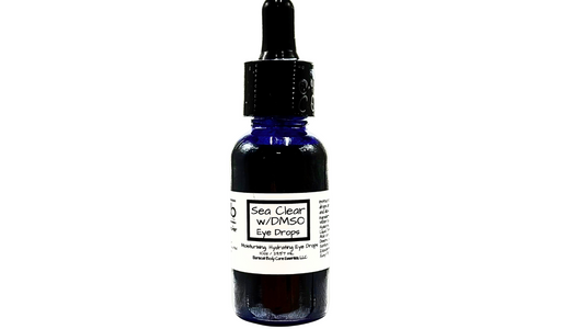 Bottle of Sea Clear with DSMO eye drops on a white background