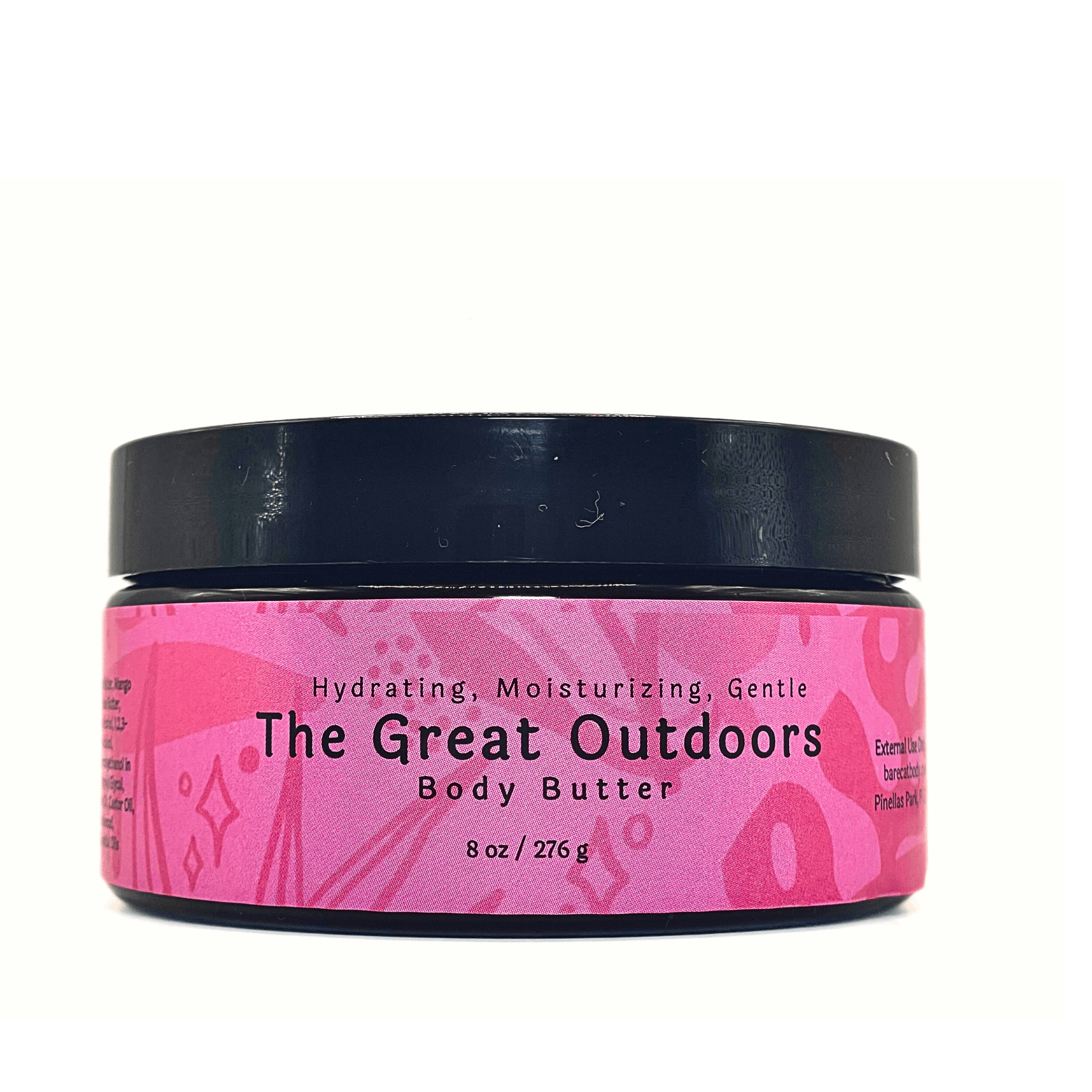 Great Outdoors Body Butter jar showcasing its rich texture infused with Vanilla, Cedarwood, and Ylang Ylang.
