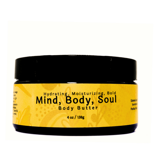 Jar of Mind, Body, Soul Butter showcasing its creamy, rich texture.