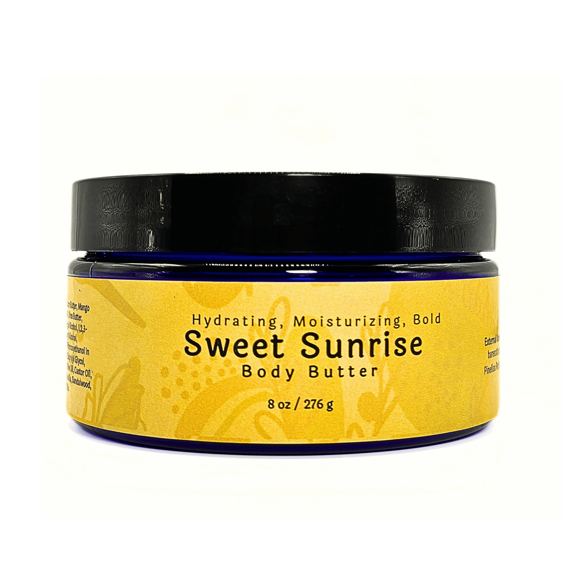 Jar of Sweet Sunrise Body Butter showcasing its creamy texture and elegant packaging.