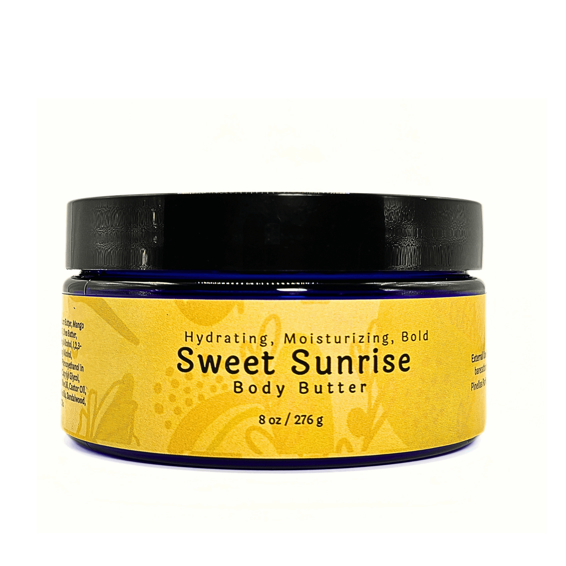 Jar of Sweet Sunrise Body Butter showcasing its creamy texture and elegant packaging.
